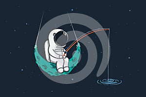Spaceman sits on moon with a fishing rod photo