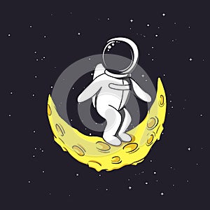 Spaceman stands on crescent Moon