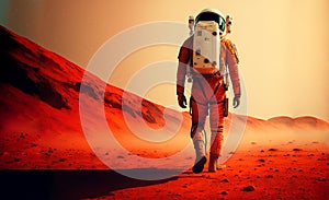 Spaceman walks on the red planet Mars. Space Mission. Astronaut travel in space. Generative AI