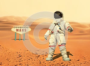 Spaceman walks on the red planet Mars. Space Mission.