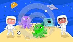 Spacemen playing soccer with cartoon aliens