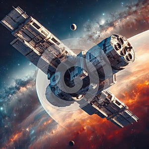 spaceship against the backdrop of the planet, rays of backlight flying around the planet in orbit