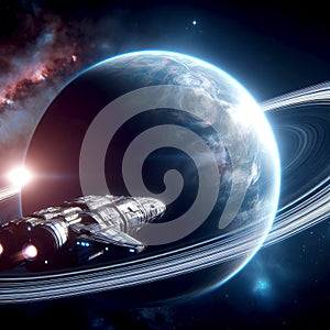 spaceship against the backdrop of the planet, rays of backlight flying around the planet in orbit