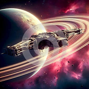 spaceship against the backdrop of the planet, rays of backlight flying around the planet in orbit