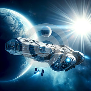 spaceship against the backdrop of the planet, rays of backlight flying around the planet in orbit