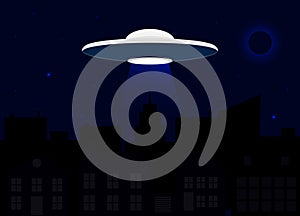 Spaceship of alien on dark night sky background with silhouette of city, moon, stars. UFO concept