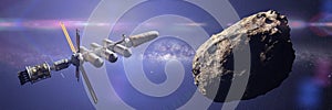 Spaceship approaching asteroid, dwarf planet mission, deep space exploration 3d science fiction illustration banner, elements of