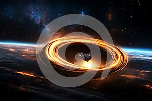 Spaceship approaching a luminous black hole, dramatic scene of space exploration with starfield background and glowing cosmic photo
