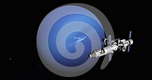 Spaceship arriving at Neptune, space mission to the unknown planet