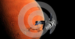 Spaceship arriving at planet Mars, space mission to the red planet