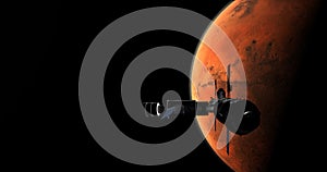 Spaceship arriving at planet Mars, space mission to the red planet