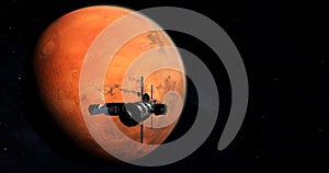 Spaceship arriving at planet Mars, space mission to the red planet