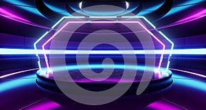 Spaceship Background Sci Fi Futuristic Modern Alien Room Hall Glowing Blue Purple Neon Lights Fluorescent Vibrant Stage Spectrum