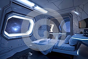 spaceship bedroom with futuristic console and starry night sky visible through the window