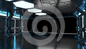 Spaceship blue interior with empty window 3D rendering elements