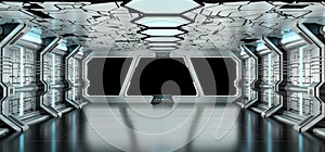 Spaceship blue and white interior 3D rendering