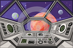 Spaceship cabin. Futuristic interface of spacecraft with user dashboard panels controlling systems garish vector cartoon