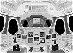 Spaceship cabin from inside, black and white vector illustration