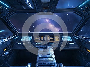 spaceship cockpit with advanced controls and a vast view of outer space