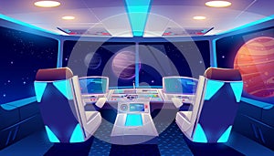 Spaceship cockpit interior space and planets view photo