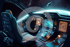 Spaceship cockpit interior, spacecraft control room, generative AI