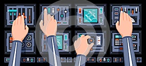 Spaceship control panel with hands of pilots
