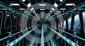 Spaceship corridor with view on the planet Earth 3D rendering elements of this image furnished by NASA