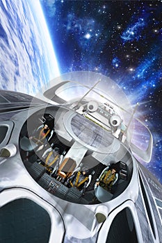 Spaceship with crew in orbit photo
