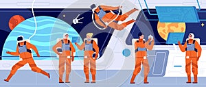 Spaceship crew. Ship station interior, spacecraft cabin dashboard and engineer. Interstellar woman astronaut or