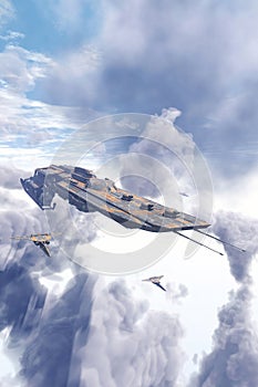 Spaceship cruiser and fighters over clouds