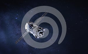 Spaceship in the deep space. Outer space background.