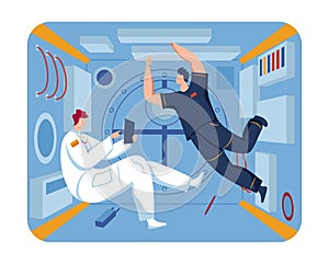 Spaceship exploration,, space fly astronaut, travel extent, interior background spaceship, design, flat style vector