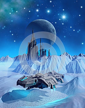 Spaceship that explores the surface of a frozen alien planet looking for a wreck, 3d illustration