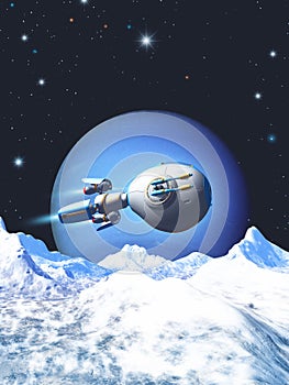 Spaceship exploring an alien planet with mountains, ice and snow, 3d illustration