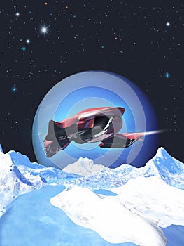 Spaceship exploring a frozen moon of an alien planet, flying over the mountains, 3d illustration