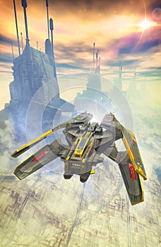 Spaceship fighter and city towers