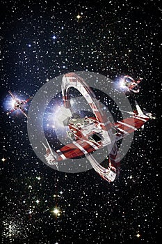 Spaceship fighter and starfield background photo