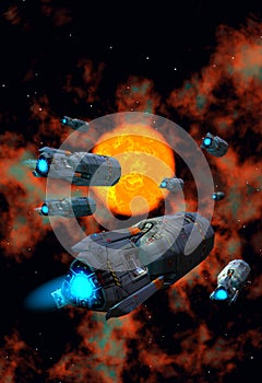 Spaceship fleet flying near a bright star, 3d illustration