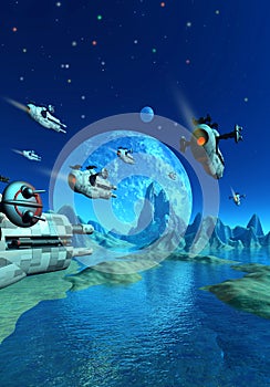 Spaceship fleet invading a alien planetary system, 3d rendering