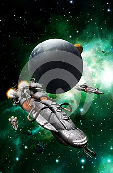 Spaceship fleet and moon