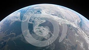 Spaceship flies over the planet Earth. Cinematic shot of our home planet from space. View Of Planet Earth From Space. 3d