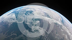 Spaceship flies over the planet Earth. Cinematic shot of our home planet from space. View Of Planet Earth From Space. 3d