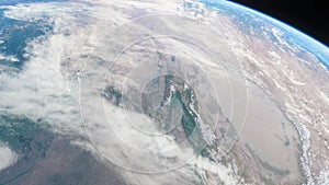 Spaceship flies over the planet Earth. Cinematic shot of our home planet from space. View Of Planet Earth From Space. 3d
