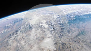 Spaceship flies over the planet Earth. Cinematic shot of our home planet from space. View Of Planet Earth From Space. 3d