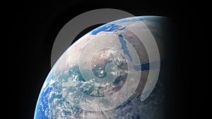 Spaceship flies over the planet Earth. Cinematic shot of our home planet from space. View Of Planet Earth From Space. 3d