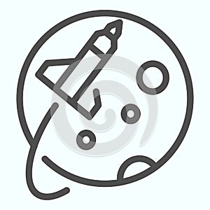 Spaceship flight around the planet line icon. Rocket flies over the moon. Space exploration design concept, outline