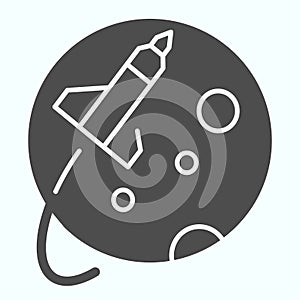 Spaceship flight around the planet solid icon. Rocket flies over the moon. Space exploration design concept, glyph style