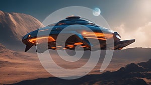 spaceship flying above the earth _A sleek and futuristic spaceship with a metallic blue hull and glowing orange engines.
