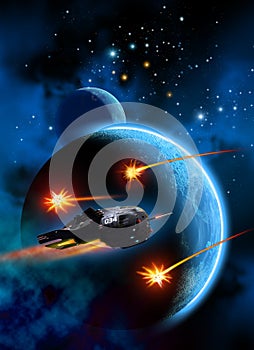 Spaceship flying around a planet with a moon, fighting with missiles, 3d illustration