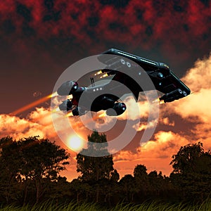 Spaceship flying over an alien planet with trees and plants, sunset with clouds, 3d illustration
